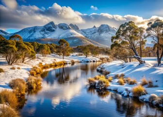 Naklejka premium Rural Australia's serene winter landscape unfolds, featuring snow-capped mountain ranges and a twisting river, shaded