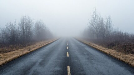 Fototapeta premium Foggy Road Leading Into the Unknown - A Serene Landscape