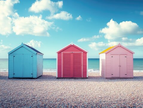 Three brightly colored wooden huts at the seaside, ready for beachgoers to rent for a relaxing vacation.