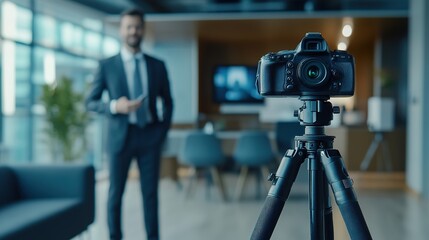 Camera on tripod in the foreground, businessman giving an interview to a journalist in a modern office setting