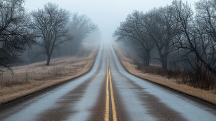Fototapeta premium Foggy Country Road: A Serene Drive Through Nature