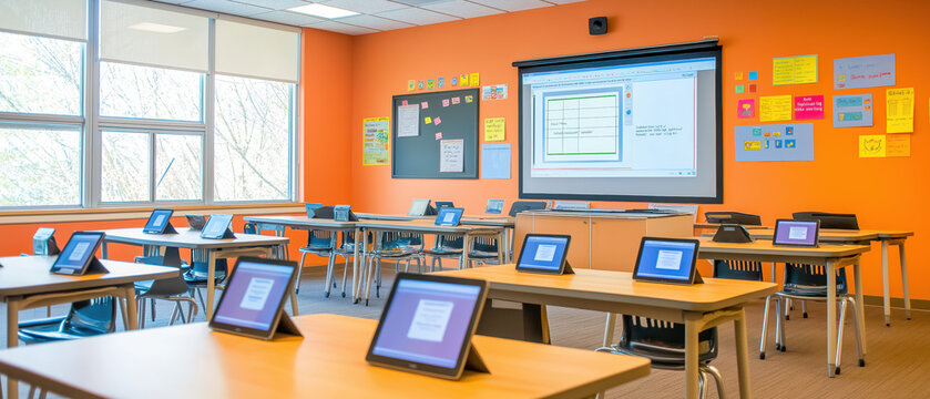 Modern classroom featuring technology with tablets on desks, vibrant orange walls, and a large screen for interactive learning.
