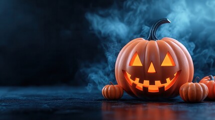 Halloween Themed Product Mockup Among Carved Pumpkins with Spooky Smoke Effect - Copy Space Available for Text