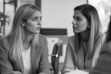 Fototapeta premium Two women in business attire engaged in conversation, suggesting a work-related meeting or consultation.