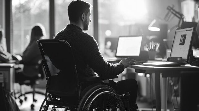 A man in a wheelchair working on a laptop at an office desk with modern equipment.