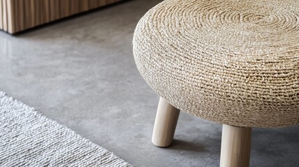 Obraz premium Simple woven stool with wooden legs placed on a smooth concrete floor in a modern interior setting