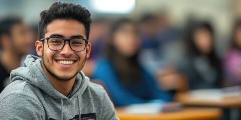 Fototapeta premium Smiling student in academic attire at a graduation ceremony, reflecting pride and success.