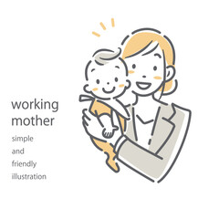 働くお母さんと赤ちゃん　シンプルでお洒落な線画イラスト