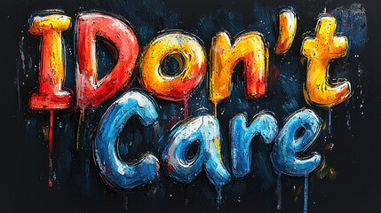 An expressive artistic design illustrating the phrase 'I Don’t Care' in vibrant, multicolored letters against a dark backdrop, conveying a strong emotional tone.