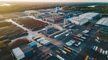 A drone view of a large manufacturing plant, showcasing the layout of different sections including storage areas, assembly lines, and loading docks