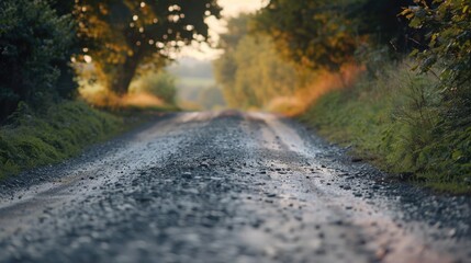 Country road in autumn after rain, wet and shiny pavement.