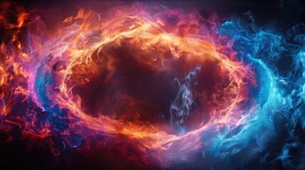 Fototapeta premium A glowing ring of intertwined energy, composed of vibrant red, blue, and purple flames swirling against a dark background. The intense colors and fluid motion.