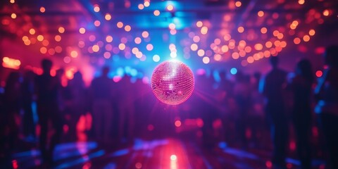 Vibrant dance floor scene, dynamic lights illuminating a lively crowd, sparkling disco ball overhead, festive atmosphere in focus