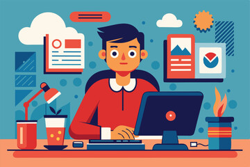 Fototapeta premium A person works at a desk with plants and drinks, preparing for the day while surrounded by colorful digital elements that enhance their telecommuting experience.