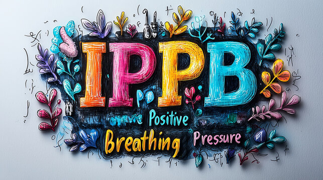 A vibrant, digital art piece illustrating Incentive Positive Pressure Breathing (IPPB), showcasing a dazzling blend of colors, shapes, and medical themes artistically melded.