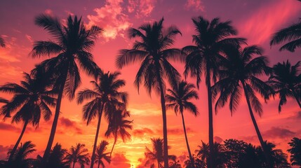 Obraz premium Colorful sunset over palm trees in a tropical landscape with vibrant hues of orange and pink on a serene evening