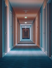 Modern hotel corridor with blue walls, white doors, tiled floor and a long, dark path leading to rooms. The lighting is dim for an early night or late arrival.