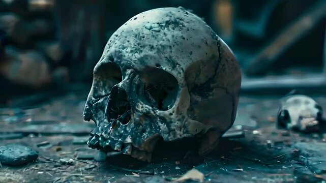 Video recreation of a deteriorated skull bone in the ground	
