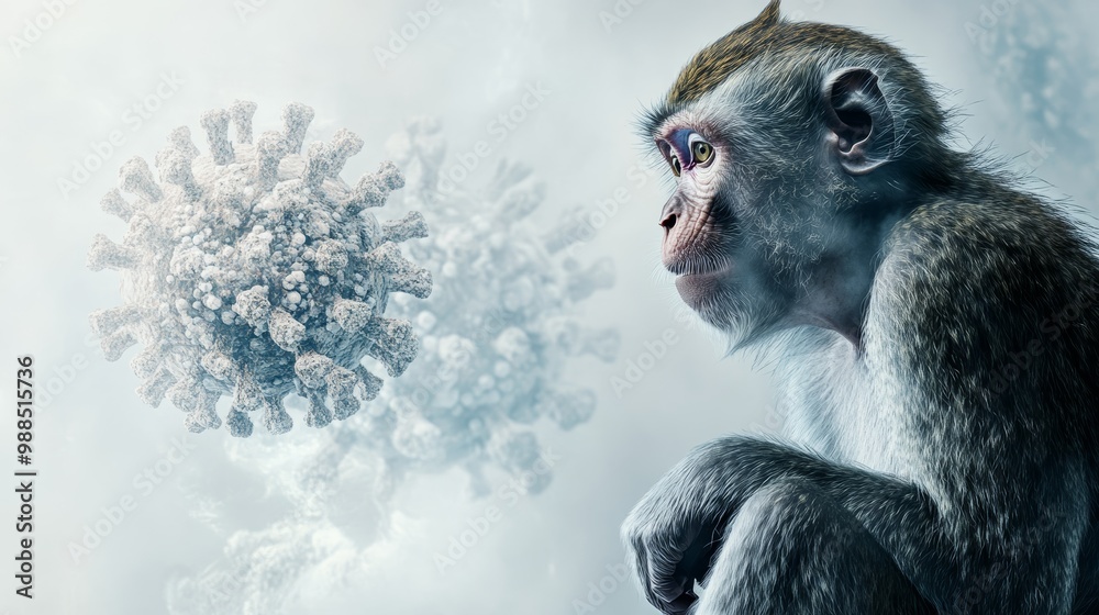 Poster Monkey gazing at a large virus particle in light misty background. Virus transmission and global pandemic concept.