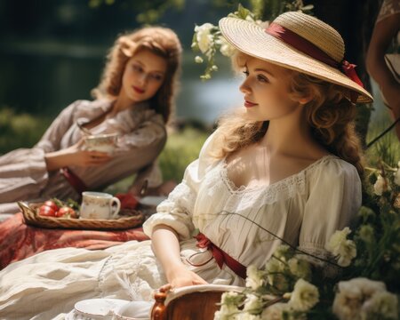 Two young women in Victorian era dresses drink tea on a green lawn