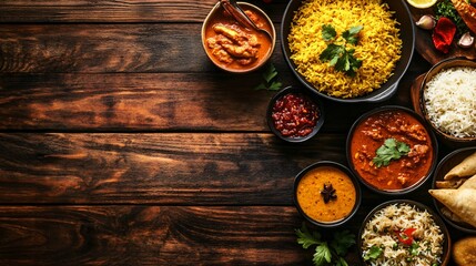 Indian food, curries, rice and flatbread on dark wooden background.