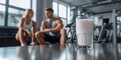 Fototapeta na wymiar Protein shake in a glass on a table in the gym with a blurry couple in the background.