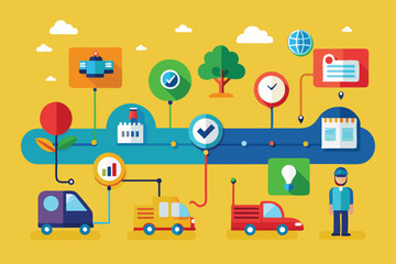 A flat illustration showcasing a customizable timeline with diverse activities, vehicles, and icons representing various timelines and locations.