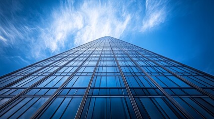 Fototapeta premium Modern Skyscraper with Glass Facade Against Blue Sky