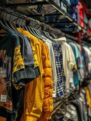 Fototapeta premium Variety of jackets for sale in a store. Trendy fashion, cozy looks and warmth.