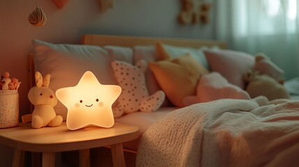 Cute star shaped nightlight glowing on bedside table