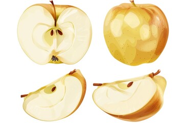 An illustration of four apples in a row, from left to right: unpeeled, peeled, with core exposed, and cored and halved. The fruit is vibrant yellow with green spots, suggesting freshness.