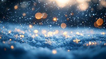 Close-up view of delicate, frost-covered snowflakes with intricate patterns, framed by soft, icy branches. The blurred blue background with falling snow creates a serene, wintery atmosphere.