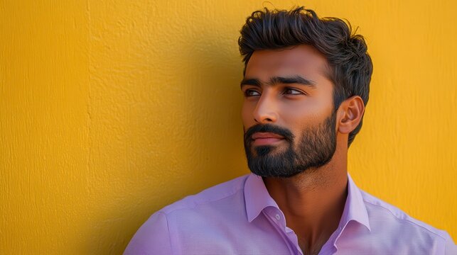 Young bearded south asian man looking away from camera