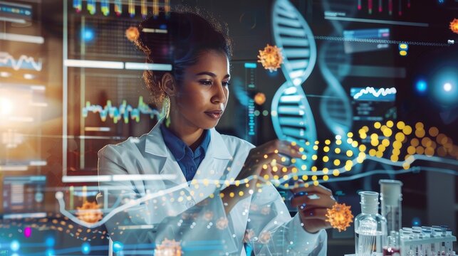 Dedicated scientist analyzing DNA sequences on advanced digital display for groundbreaking cancer research. Innovative laboratory equipment and detailed medical charts support complex genetic studies