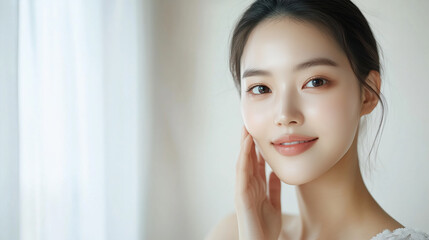 Asian Beauty Model with Fresh Dewy Skin Applying Makeup in a Minimalist Room with Elegant Design and Neutral Tones