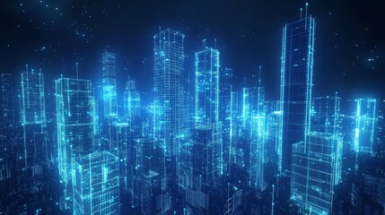 Futuristic Cityscape: Glowing Digital Architecture in the Night