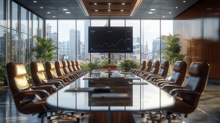 Fototapeta premium Modern conference room overlooking the city with a graph displayed on a screen