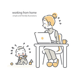 自宅でのテレワークに苦労するお母さん　シンプルでお洒落な線画イラスト