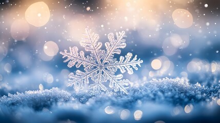 Close-up view of delicate, frost-covered snowflakes with intricate patterns, framed by soft, icy branches. The blurred blue background with falling snow creates a serene, wintery atmosphere.