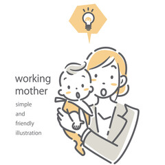 働くお母さんと赤ちゃん　シンプルでお洒落な線画イラスト