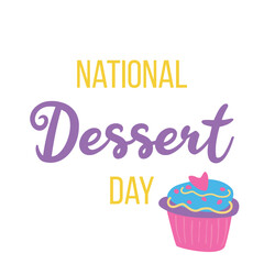 National dessert day poster with doodle cupcake, muffin with red bow and ribbon. Hand drawn delicious cupcake and muffin with sweet cream banner for party decoration