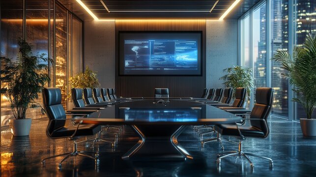 Modern conference room displaying charts and data on a big screen
