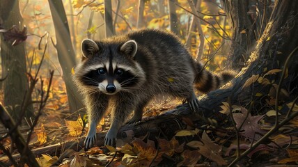 Curious raccoon cautiously exploring the autumn forest floor
