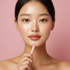 Stunning South Korean Woman Showcasing Flawless Dewy Skin While Applying Lip Gloss Against a Minimalist Background and Soft Lighting