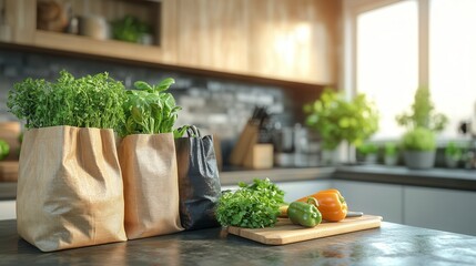 Fresh vegetables and herbs standing on kitchen counter in reusable grocery bags