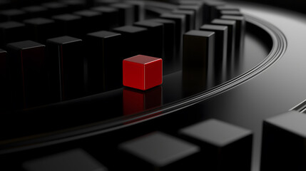Conveyor Belt with Black Cubes and Transparent Scanner Scanning a Red Cube