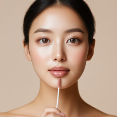 Portrait of a South Korean Woman with Flawless Dewy Skin Applying Lip Gloss in a Minimalist Setting with Soft Lighting and Neutral Tones