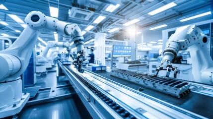 Advanced automated battery production line with robotic arms assembling lithium-ion cells on conveyor belt. Skilled workers in protective gear supervising high-tech manufacturing process. 