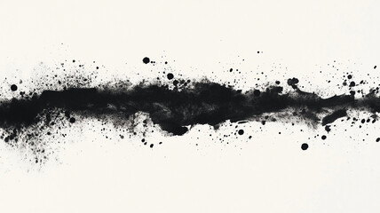 Abstract ink painting featuring horizontal black line with splatters and textures, creating dynamic visual effect. artwork evokes sense of movement and depth