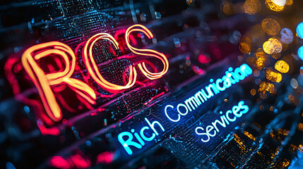 Image of neon style text 'RCS Rich Communication Services' highlighted with vibrant neon lights and intricate bokeh effects, giving a modern and tech-savvy visual appeal.